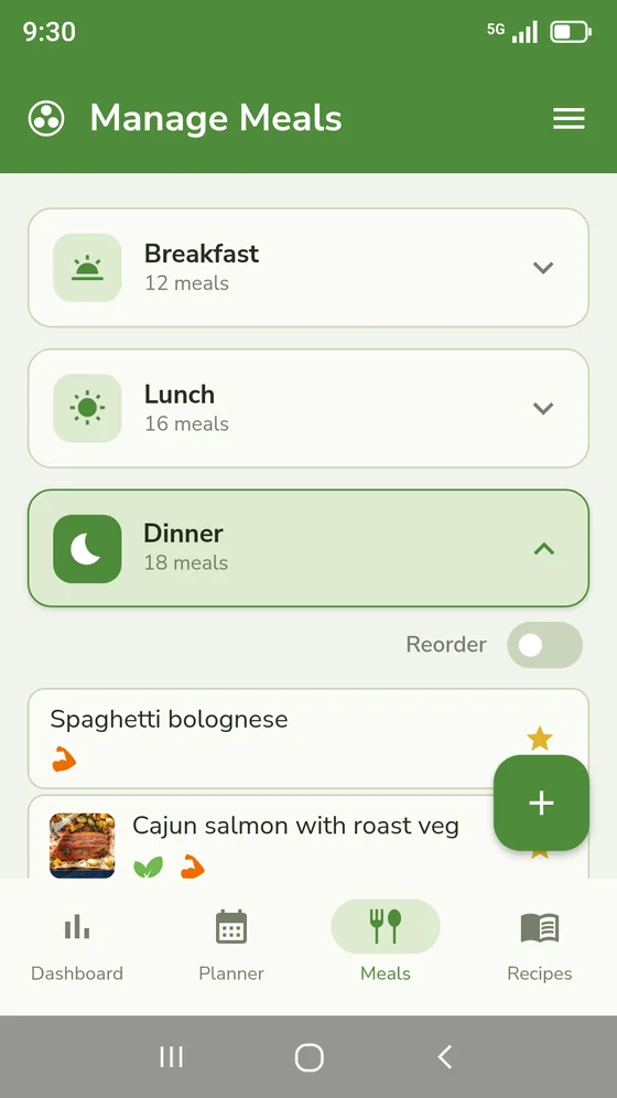 The meal library, grouped by meal time, with the dinners open