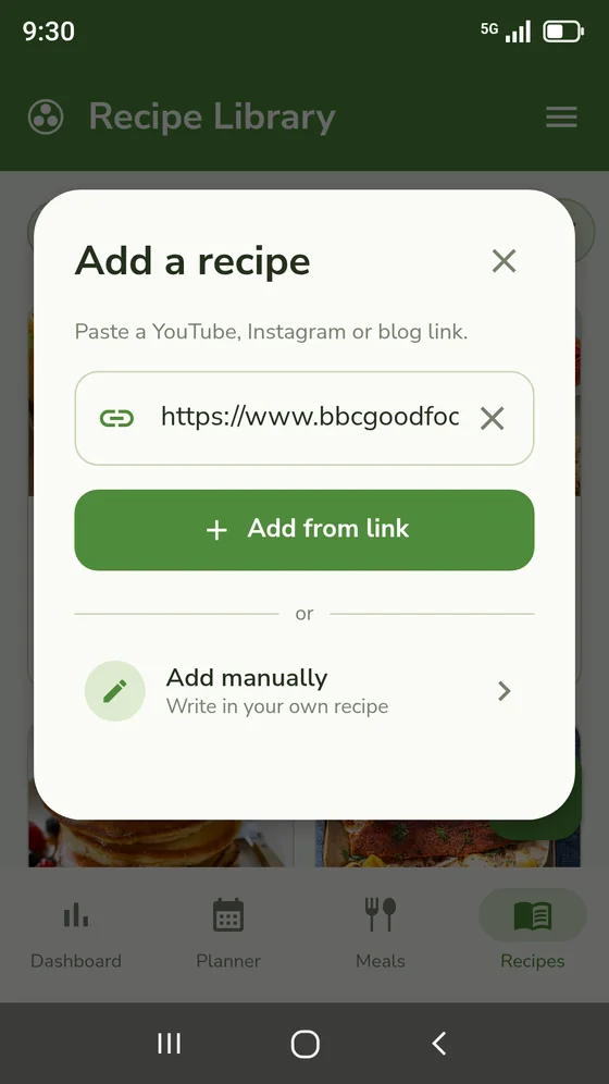 The Add a recipe dialog, with a YouTube link pasted in and an Add from link button