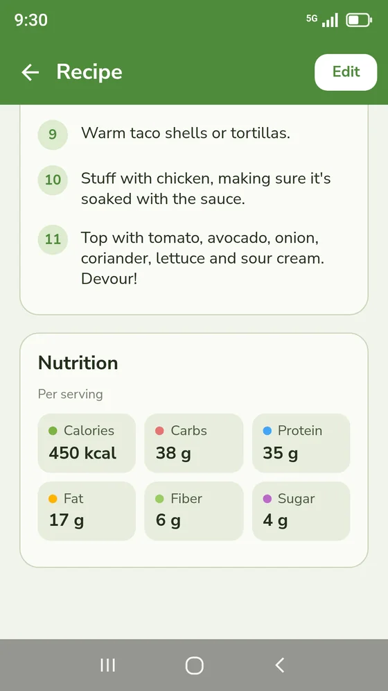 A recipe’s method steps and its nutrition per serving: calories, carbs, protein, fat, fibre and sugar